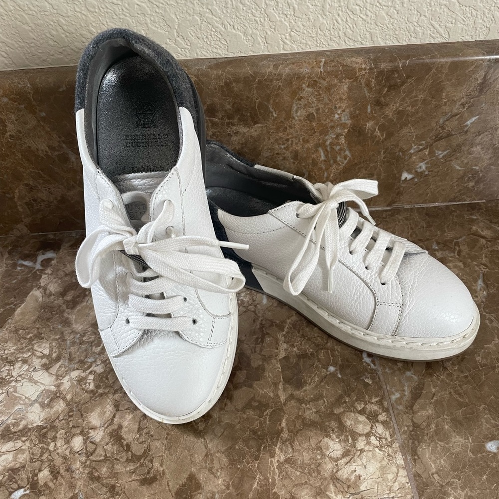 Brunello Cucinelli Grey Wool and White Leather Platform Sneakers Size 36 EUC - Picture 7 of 8